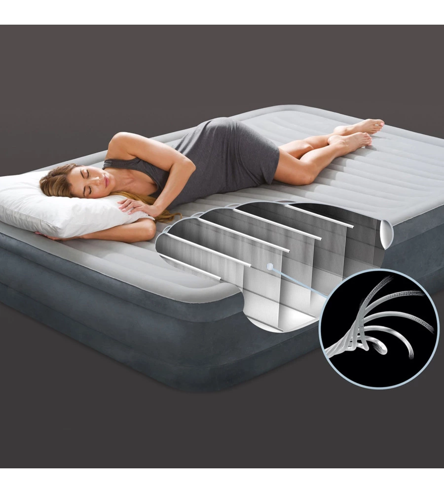 Materasso matrimoniale autogonfiante intex "airbed dura-beam comfort-plush high-rise" colore grigio chiaro e pompa integrata, 152x203x56 cm - cod. 64418nd